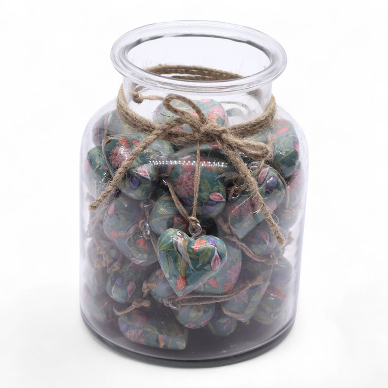 Large Decor Wood Hearts - Bird & Floral - in Display Jar