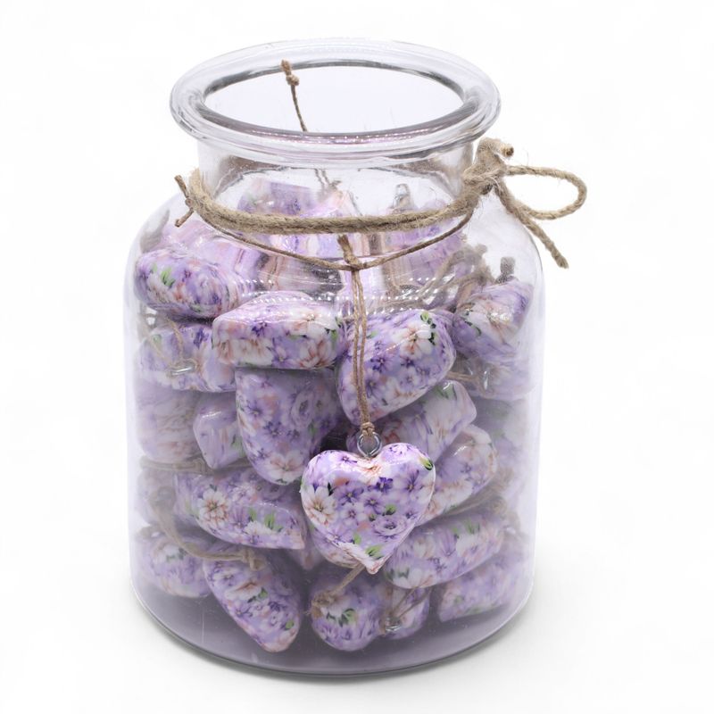 Large Decor Wood Hearts - Purple Flower - in Display Jar