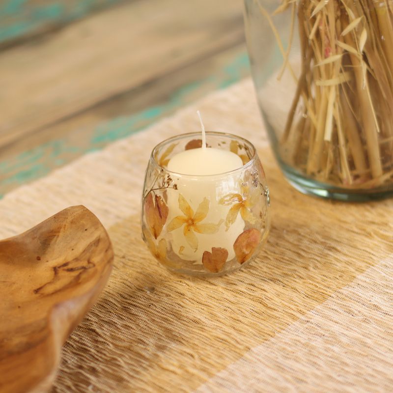 Natural Floral Glass - Straight Candle Holder - Rosa - (8x8cm)