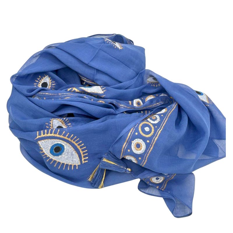 Nomad Sari Pareo - Rich Blue & Gold Hand Painted Evil Eye Design
