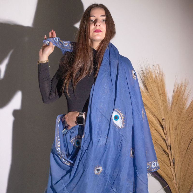 Nomad Sari Pareo - Rich Blue & Gold Hand Painted Evil Eye Design