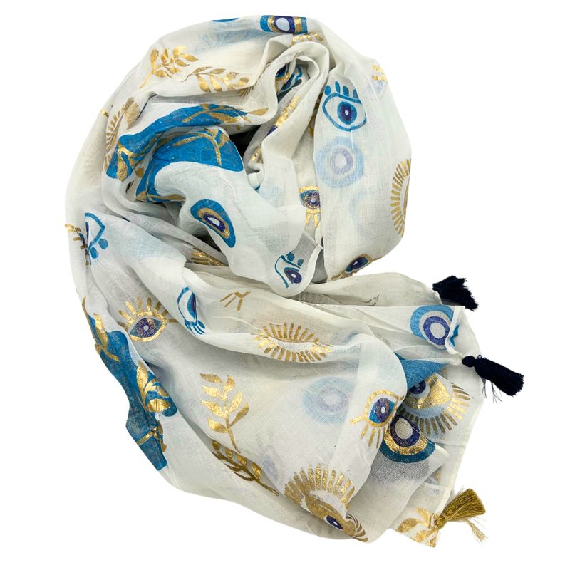 Nomad Sari Pareo - White , Blue & Gold Evil Eye Design