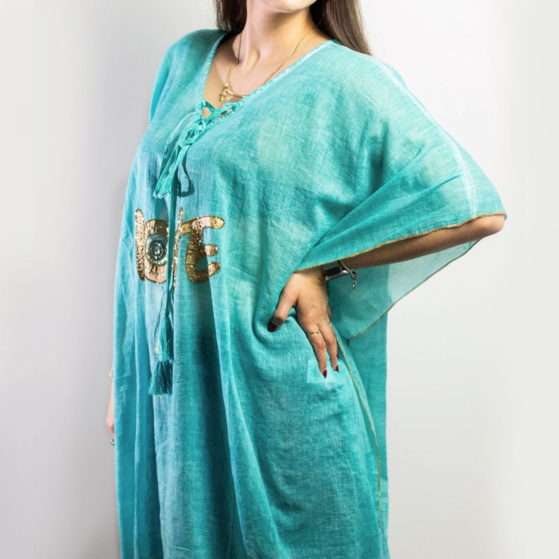 Nomad Sari  Kaftan - Turquoise & Gold Love Design