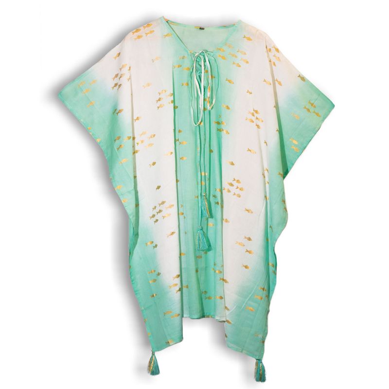 Nomad Sari Kaftan - White & Turquoise & Gold Fish Design