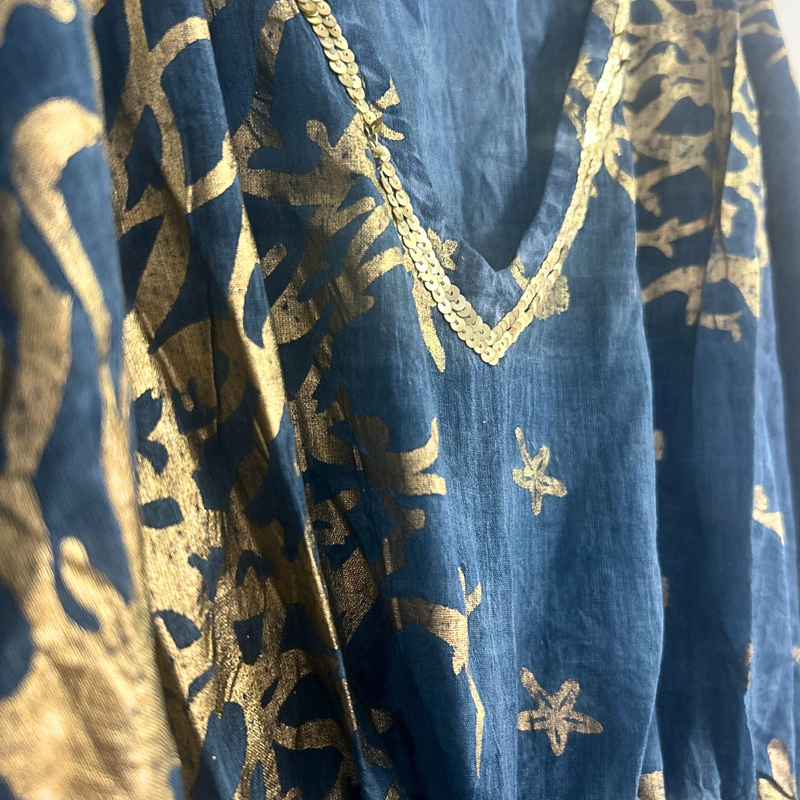 Nomad Sari  Kaftan - Sea Blue & Gold Coral Design