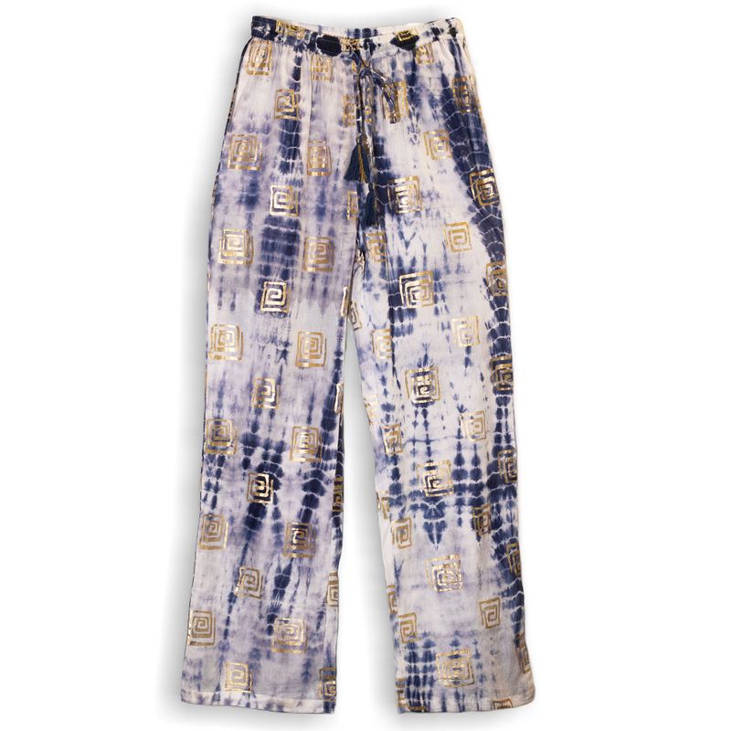(ML) Nomad Sari  - Lounge Pants - Gold & Blue Greek Motiff - Handpainted