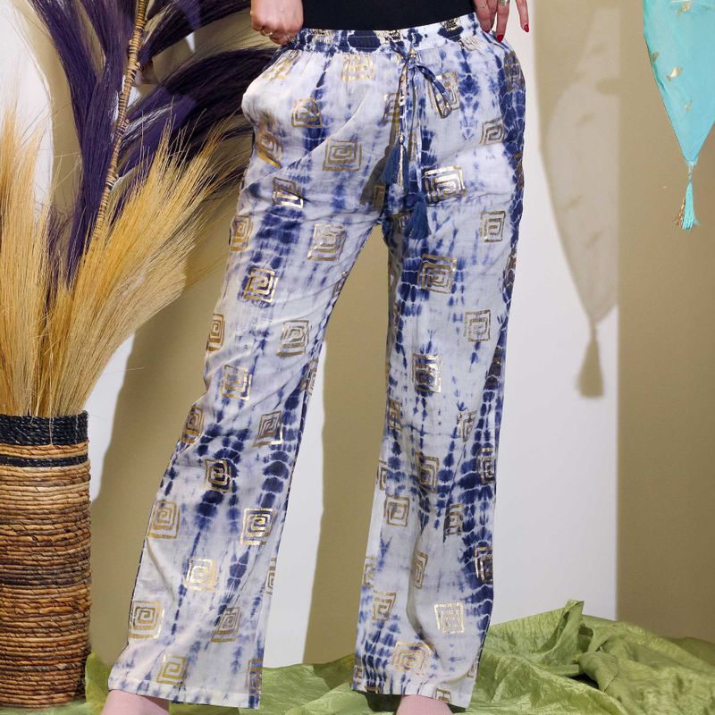 (ML) Nomad Sari  - Lounge Pants - Gold & Blue Greek Motiff - Handpainted