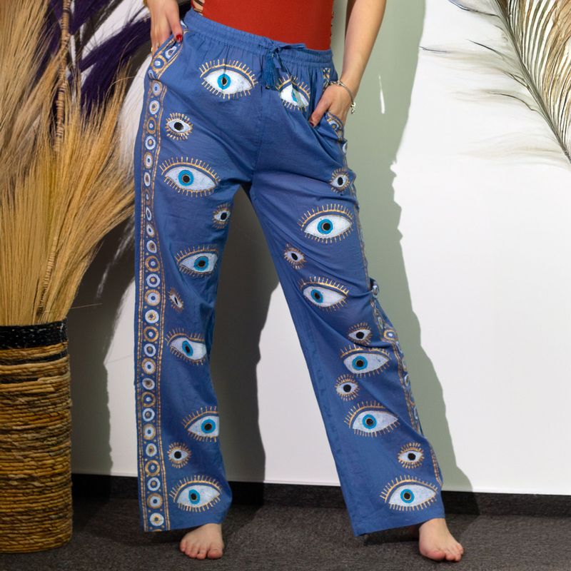 (ML) Nomad Sari - Lounge Pants - Rich Blue & Gold Hand Painted Evil Eye Design