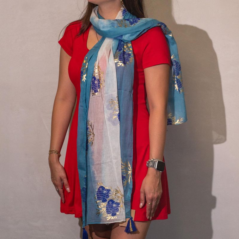 Nomad Sari  - Summer Scarf -  180x50cm - Aqua Fish - Sea Blue