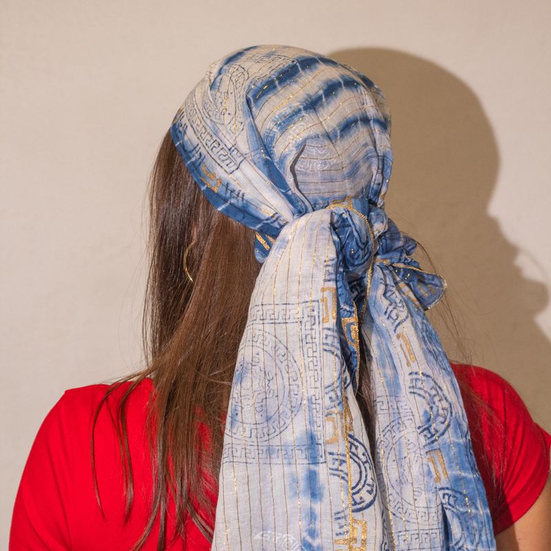 Nomad Sari - Summer Scarf - 180x50cm - Marbella Print - Blue with Gold Trim