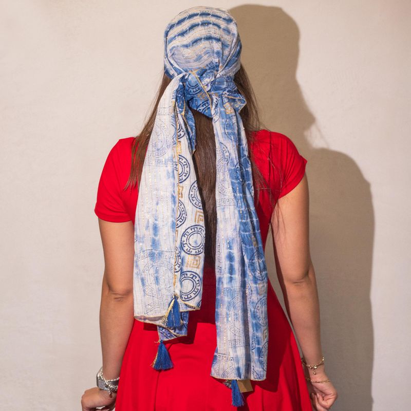 Nomad Sari - Summer Scarf - 180x50cm - Marbella Print - Blue with Gold Trim