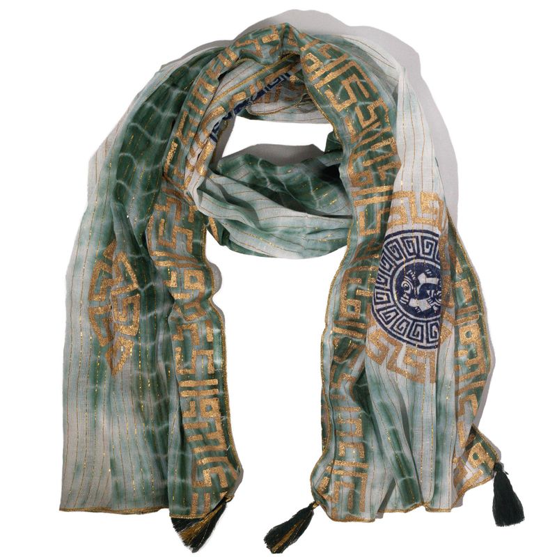 Nomad Sari - Summer Scarf - 180x50cm - Marbella Print - Green with Gold Trim