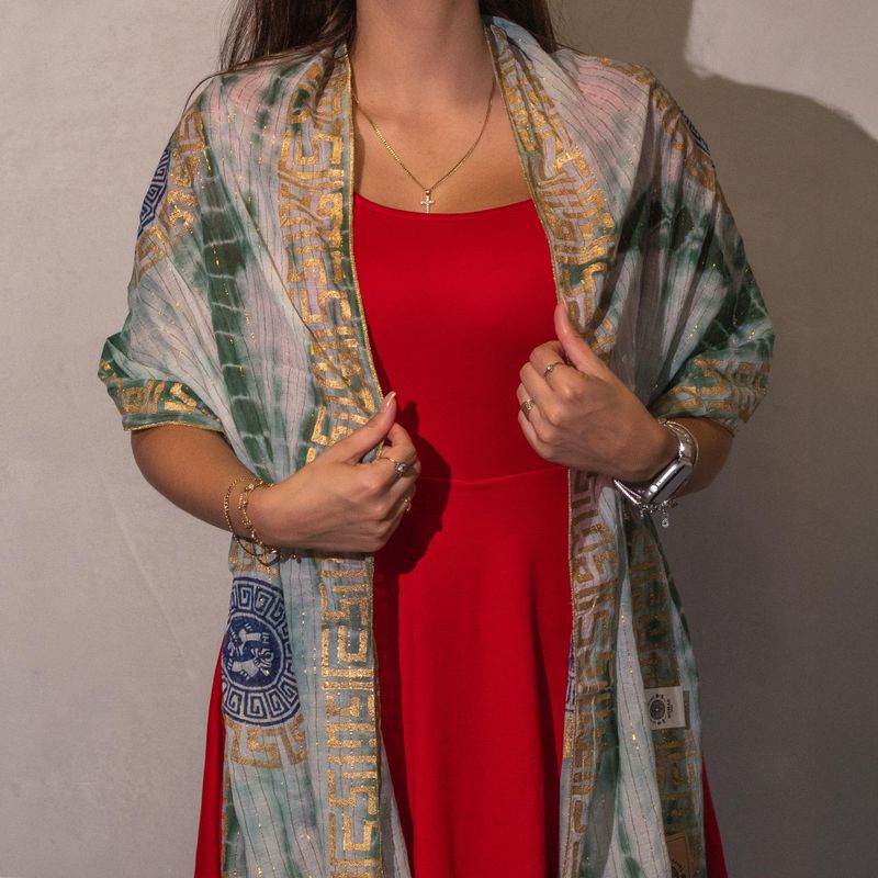 Nomad Sari - Summer Scarf - 180x50cm - Marbella Print - Green with Gold Trim