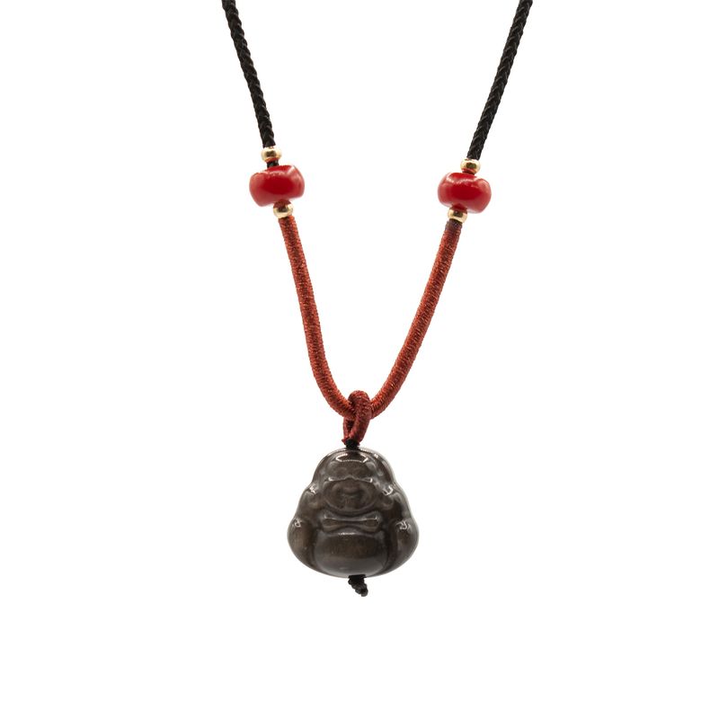Cord Necklace Gemstone Pendants - Silver Obsidian Buddha