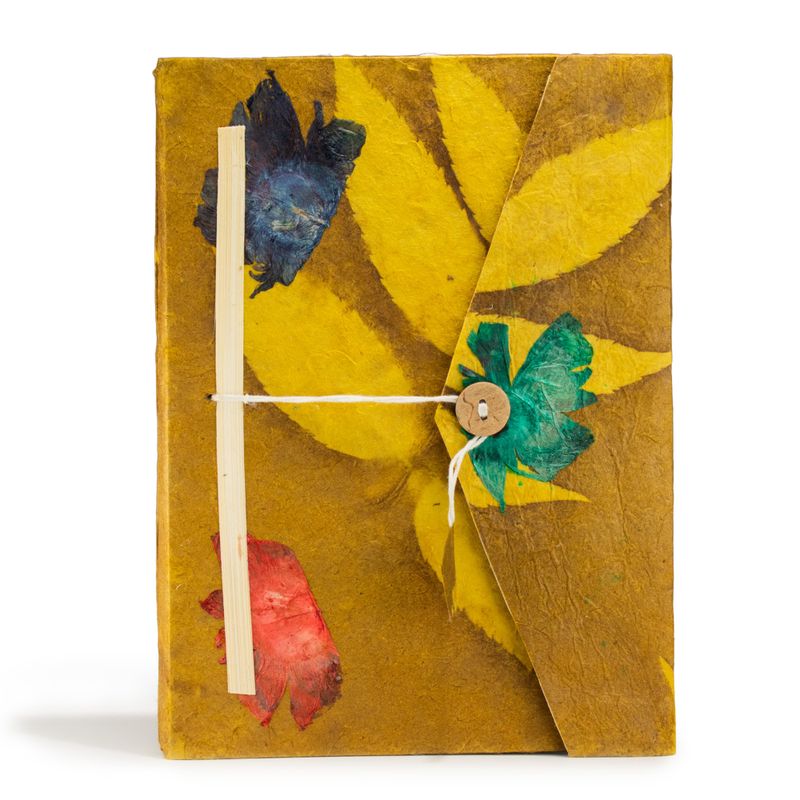 Lrg Lokta Bold Floral Notebook (21x15cm) - 45 leafs - inc bookmark - Mustard Brown