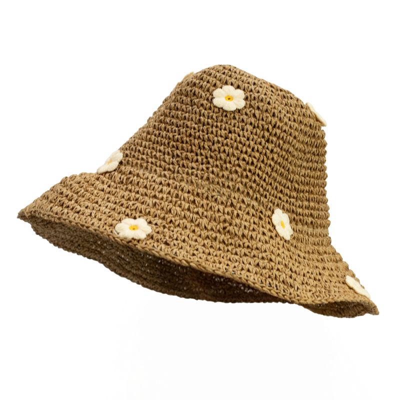Patterned Floppy Straw Hat - Coffee & Daisies