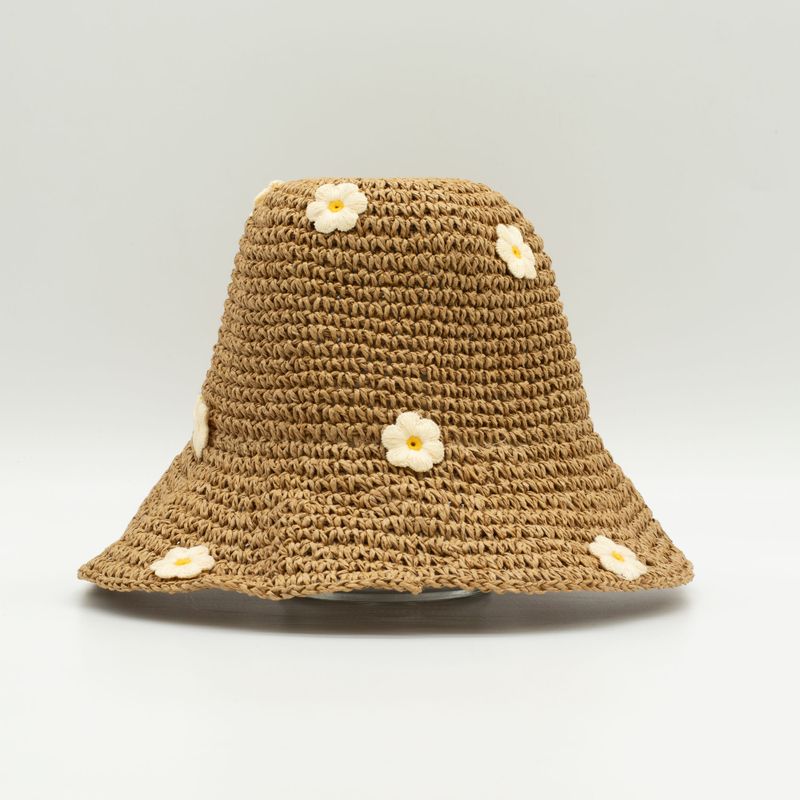 Patterned Floppy Straw Hat - Coffee & Daisies