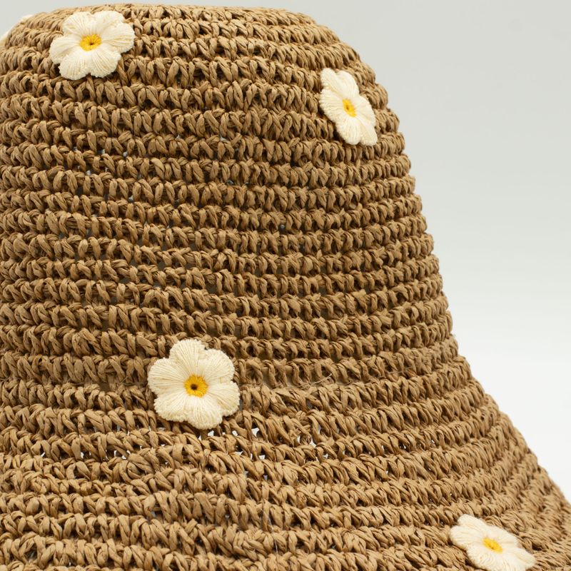 Patterned Floppy Straw Hat - Coffee & Daisies