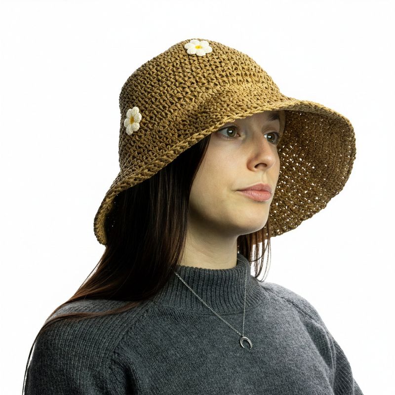 Patterned Floppy Straw Hat - Coffee & Daisies