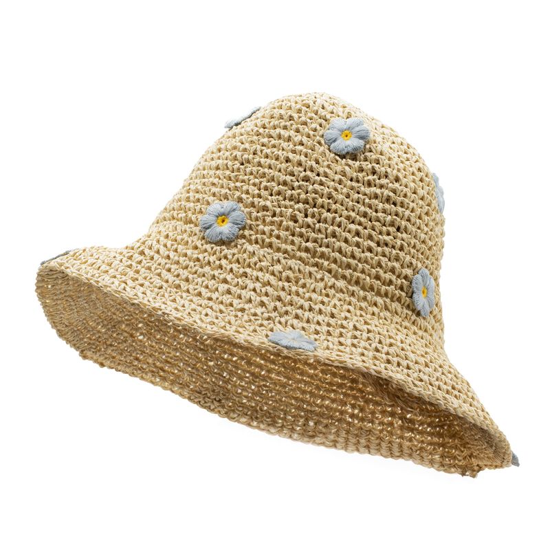 Patterned Floppy Straw Hat - Beige & Blue Flowers