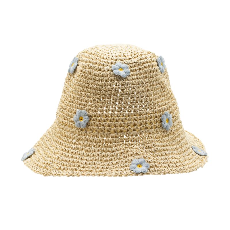 Patterned Floppy Straw Hat - Beige & Blue Flowers