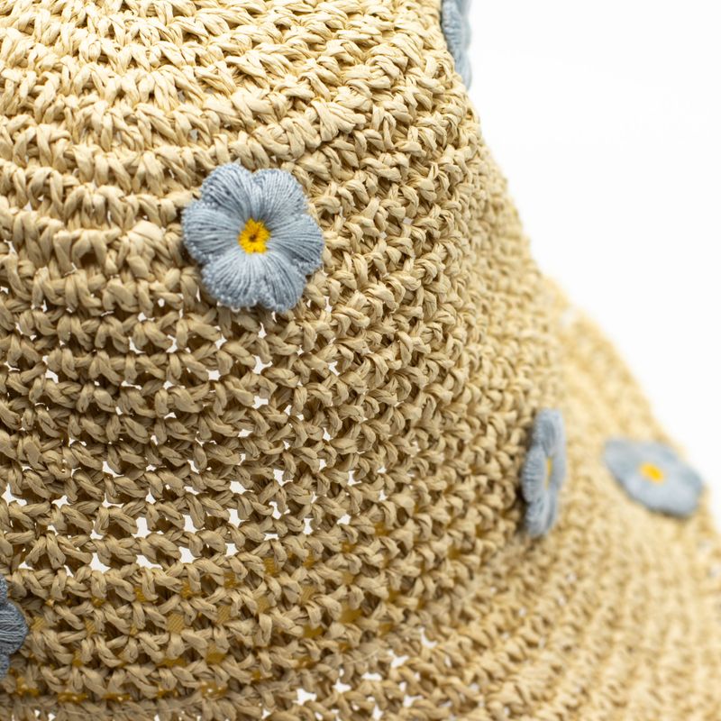 Patterned Floppy Straw Hat - Beige & Blue Flowers