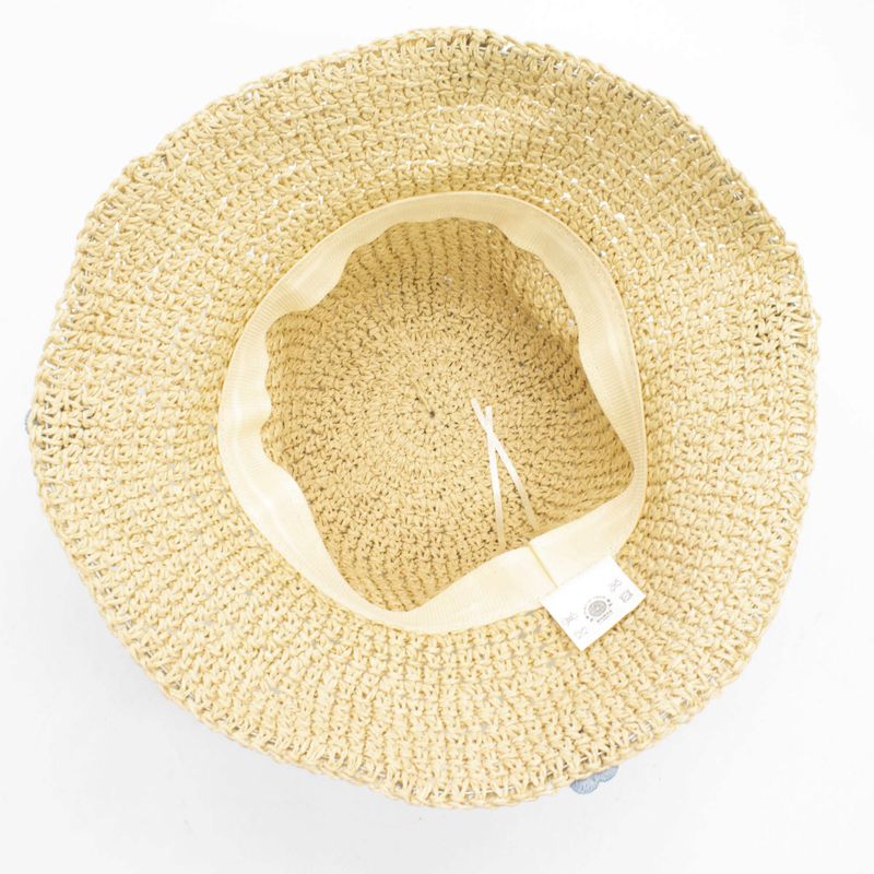 Patterned Floppy Straw Hat - Beige & Blue Flowers