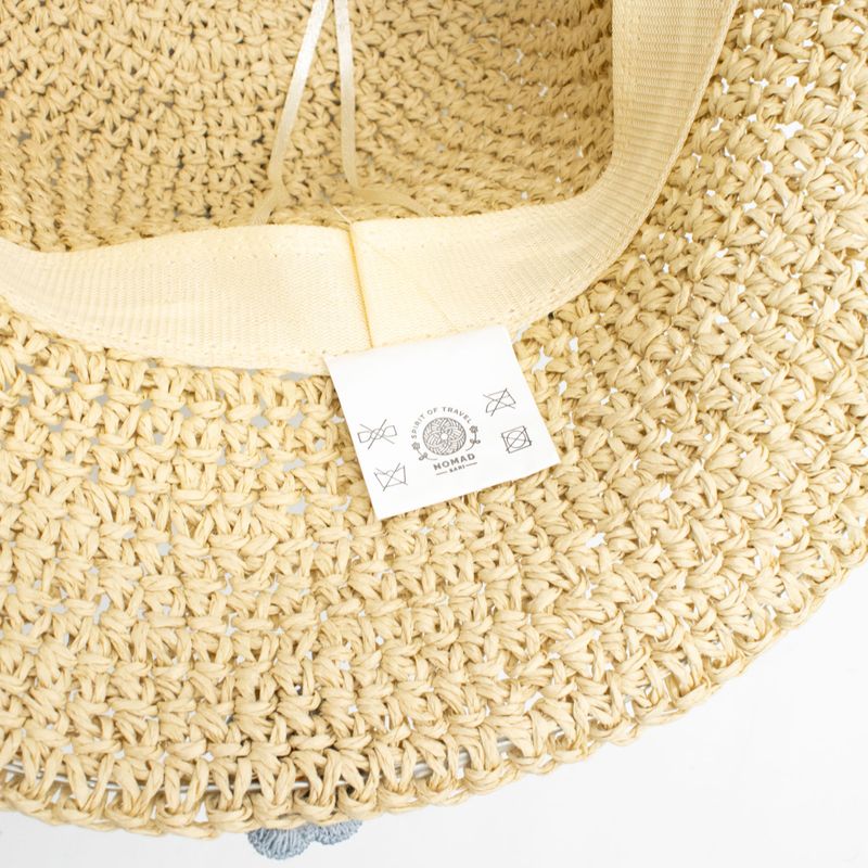 Patterned Floppy Straw Hat - Beige & Blue Flowers