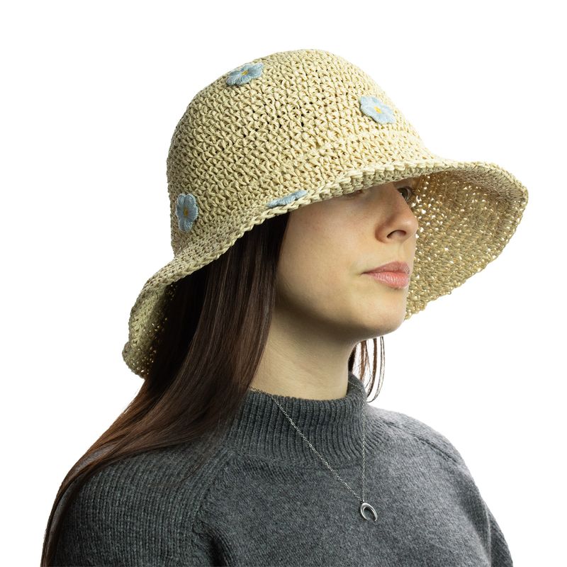 Patterned Floppy Straw Hat - Beige & Blue Flowers