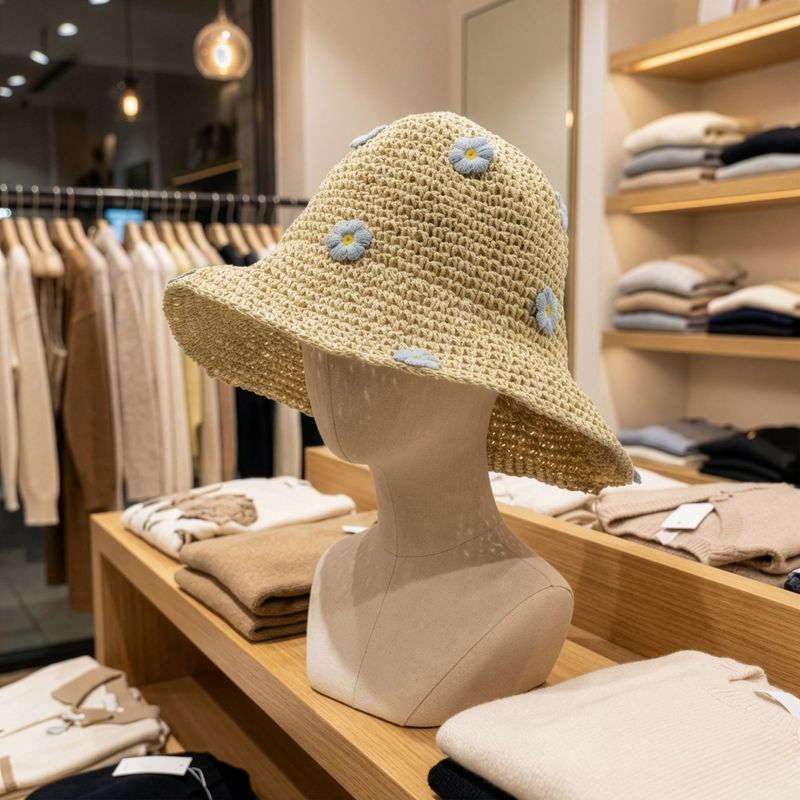 Patterned Floppy Straw Hat - Beige & Blue Flowers