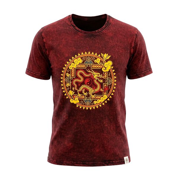 Nomad Sari Stonewashed Cotton T-Shirt - Dragon Mandala - Maroon - Small