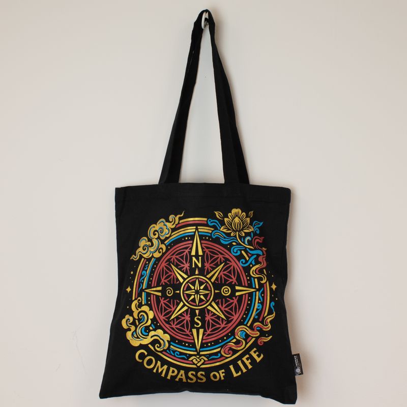 Iconic Classic Tote Bag - Compass of Life - Black 6oz (40x36cm)
