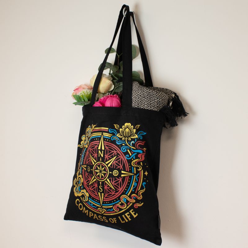 Iconic Classic Tote Bag - Compass of Life - Black 6oz (40x36cm)