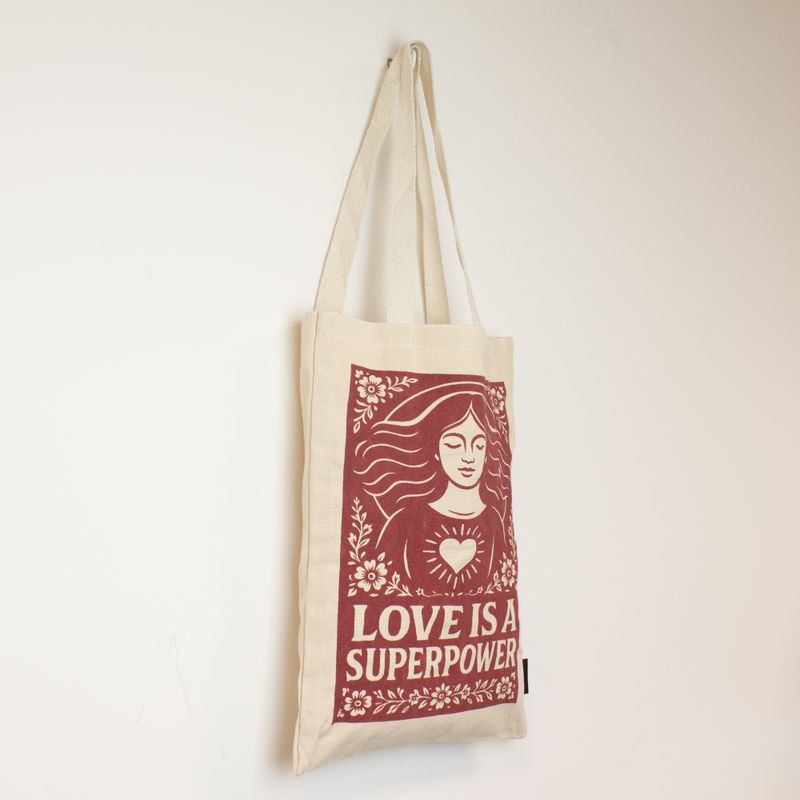 Iconic Toni Tote Bag - Love is a Super Power (41x31cm) - Natural 10oz - Inside pocket and zip closure