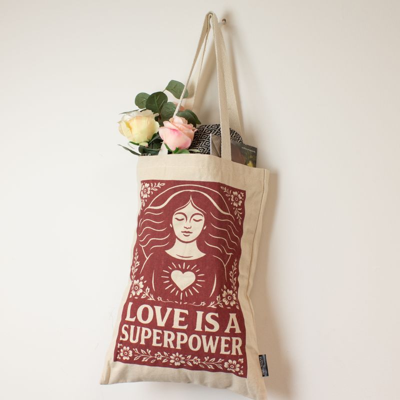 Iconic Toni Tote Bag - Love is a Super Power (41x31cm) - Natural 10oz - Inside pocket and zip closure