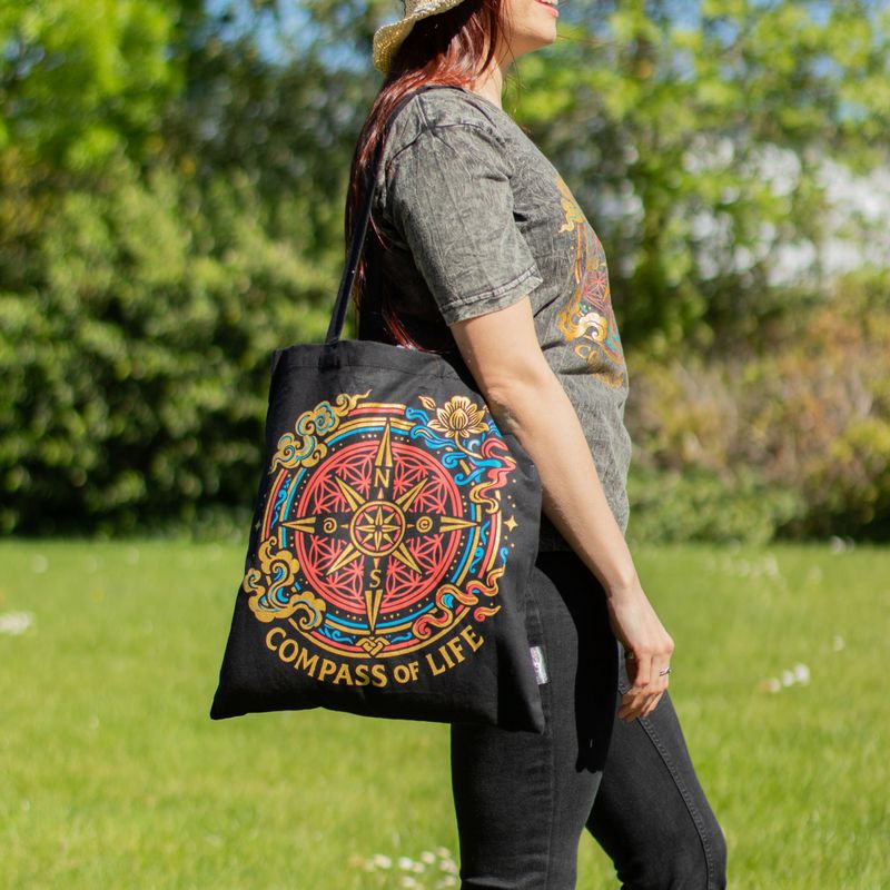 Iconic Classic Tote Bag - Compass of Life - Black 6oz (40x36cm)
