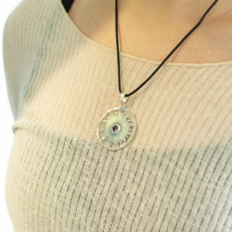 Indian Devotional Pendants - Silver Plated (45cm Cord)- Sun Worship Amethyst