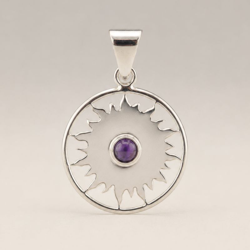 Indian Devotional Pendants - Silver Plated (45cm Cord)- Sun Worship Amethyst