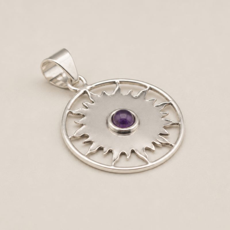 Indian Devotional Pendants - Silver Plated (45cm Cord)- Sun Worship Amethyst