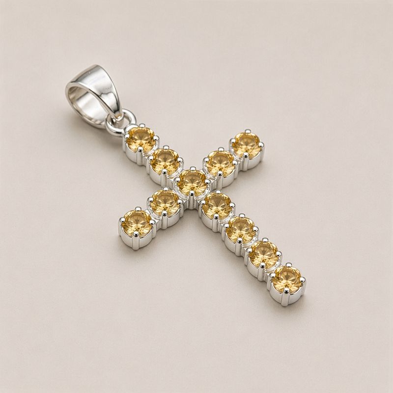 Indian Devotional Pendants - Silver Plated (45cm Chain)- Citrine Crucifix