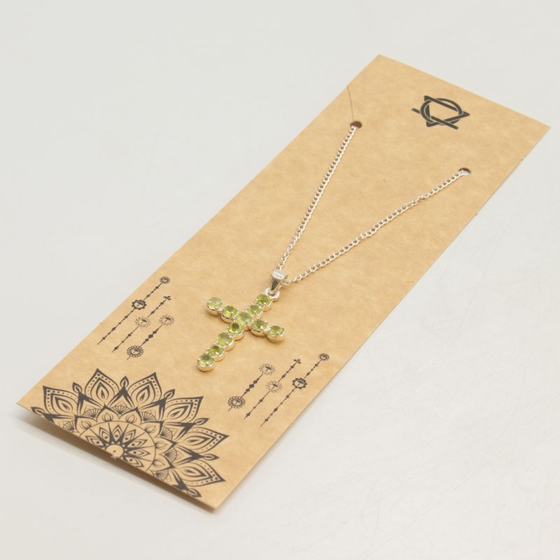 Indian Devotional Pendants - Silver Plated (45cm Chain)- Peridot Crucifix