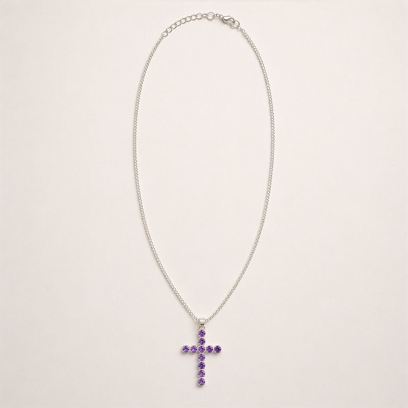 Indian Devotional Pendants - Silver Plated (45cm Chain)- Amethyst Crucifix