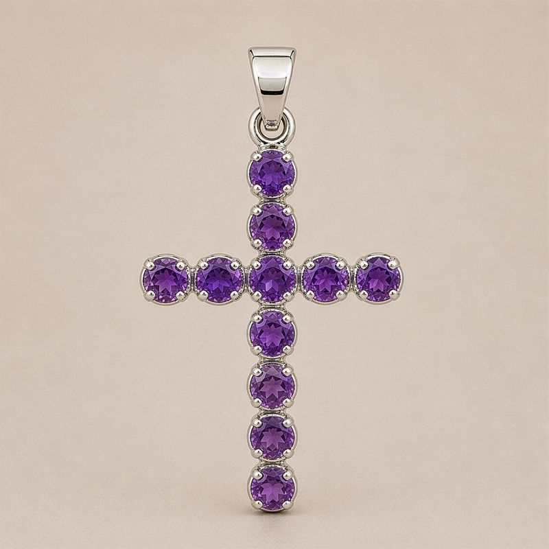 Indian Devotional Pendants - Silver Plated (45cm Chain)- Amethyst Crucifix