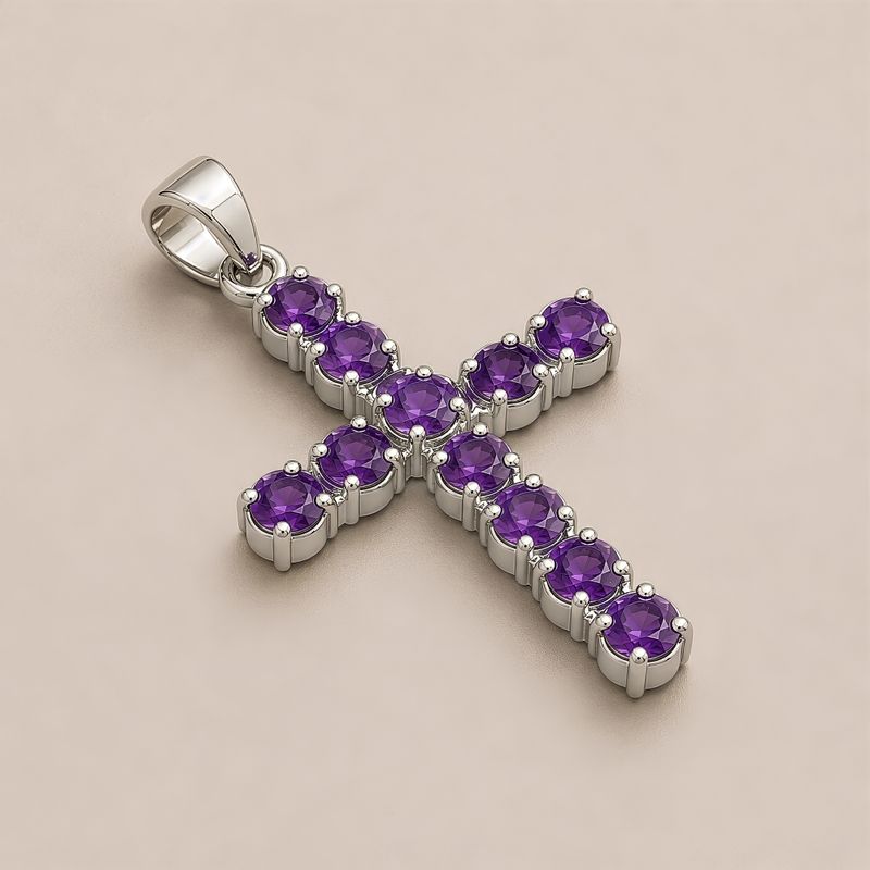 Indian Devotional Pendants - Silver Plated (45cm Chain)- Amethyst Crucifix