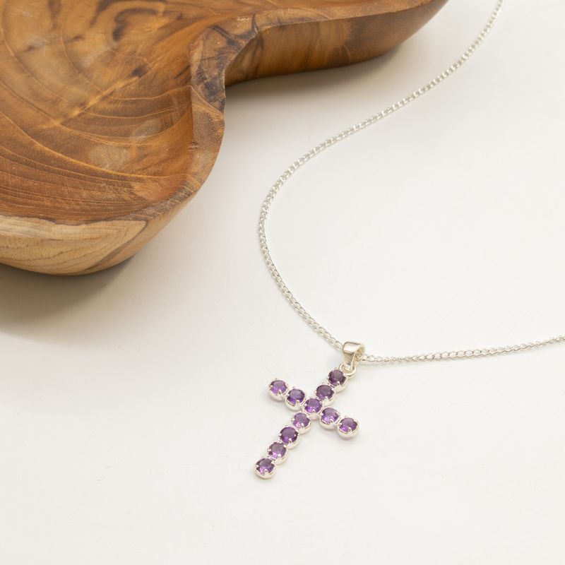 Indian Devotional Pendants - Silver Plated (45cm Chain)- Amethyst Crucifix