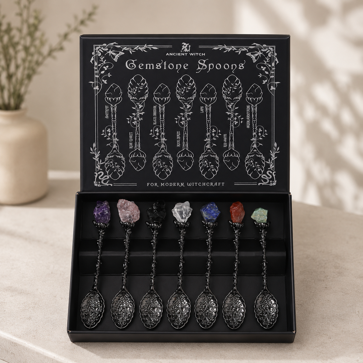 Set of 7 Gemstone Crystal Witch Spoons