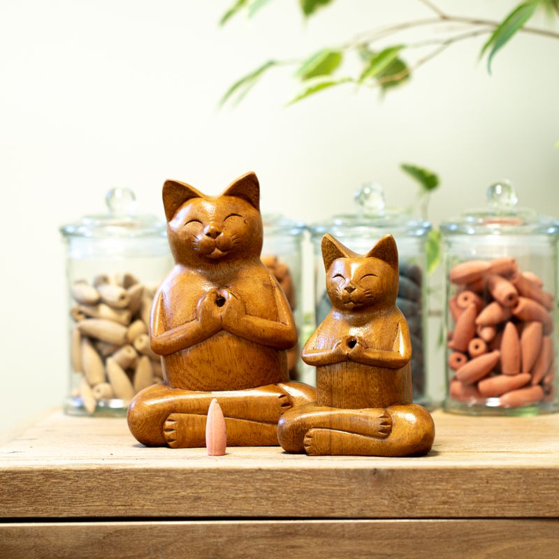 Wooden Carved Incense Burners - Lrg Yoga Cat