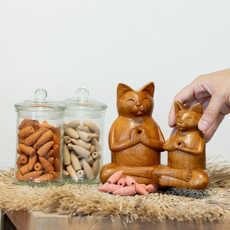 Wooden Carved Incense Burners - Lrg Yoga Cat