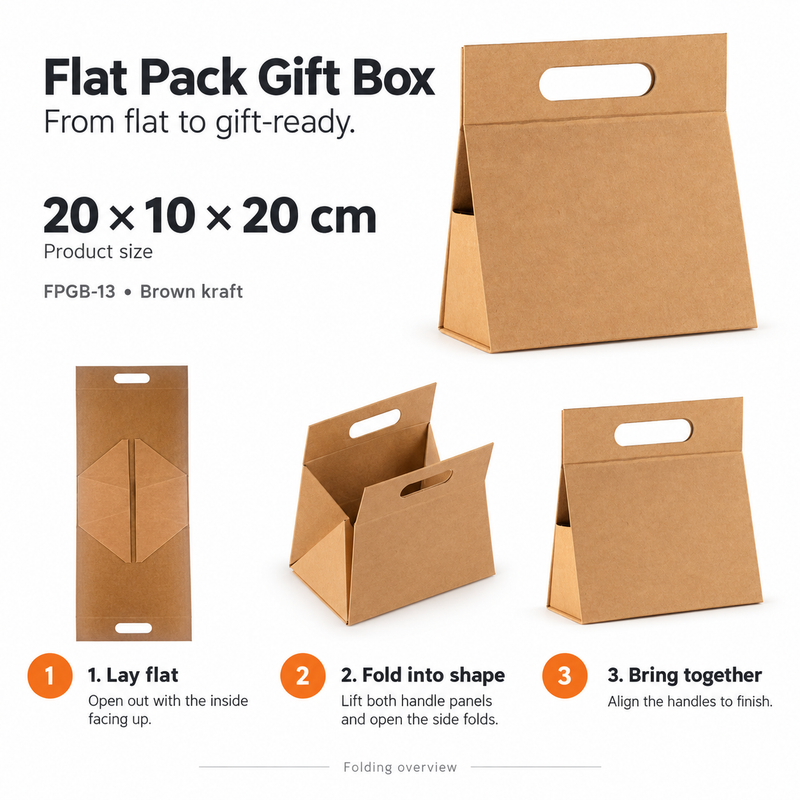 Flat Pack Gift Box - Hand Box (20x10x20cm) - Brown Craft