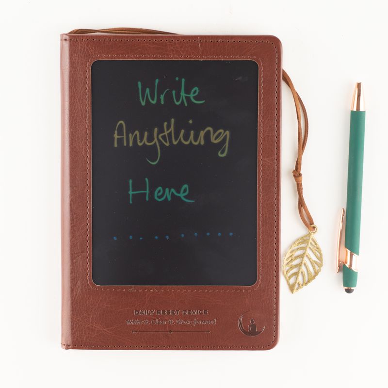 Intention Note Book - LCD Wipe Screen - Brown Leather Effect - Brass Leaf - 80 Leafs